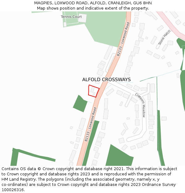 MAGPIES, LOXWOOD ROAD, ALFOLD, CRANLEIGH, GU6 8HN: Location map and indicative extent of plot