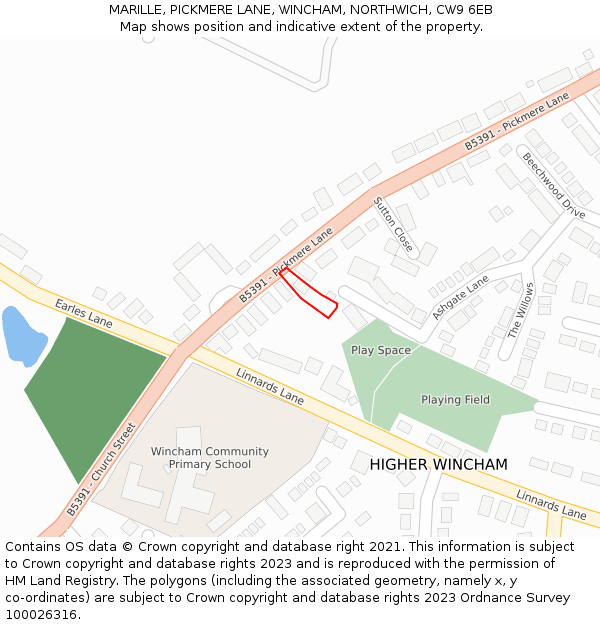 MARILLE, PICKMERE LANE, WINCHAM, NORTHWICH, CW9 6EB: Location map and indicative extent of plot