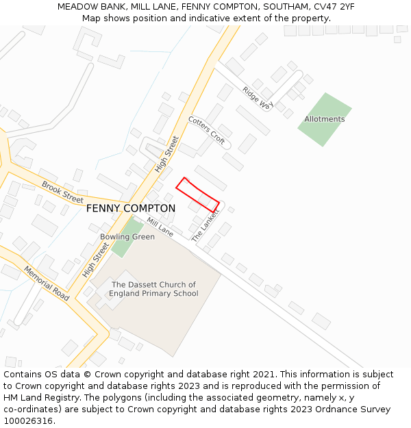 MEADOW BANK, MILL LANE, FENNY COMPTON, SOUTHAM, CV47 2YF: Location map and indicative extent of plot