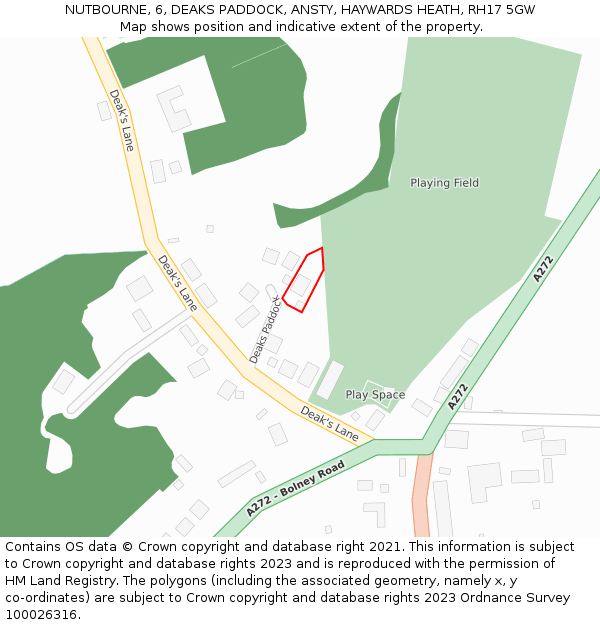 NUTBOURNE, 6, DEAKS PADDOCK, ANSTY, HAYWARDS HEATH, RH17 5GW: Location map and indicative extent of plot