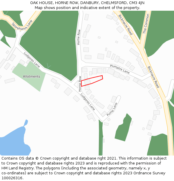 OAK HOUSE, HORNE ROW, DANBURY, CHELMSFORD, CM3 4JN: Location map and indicative extent of plot