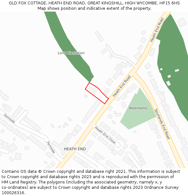 OLD FOX COTTAGE, HEATH END ROAD, GREAT KINGSHILL, HIGH WYCOMBE, HP15 6HS: Location map and indicative extent of plot