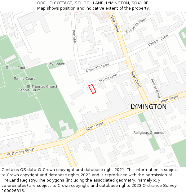 ORCHID COTTAGE, SCHOOL LANE, LYMINGTON, SO41 9EJ: Location map and indicative extent of plot