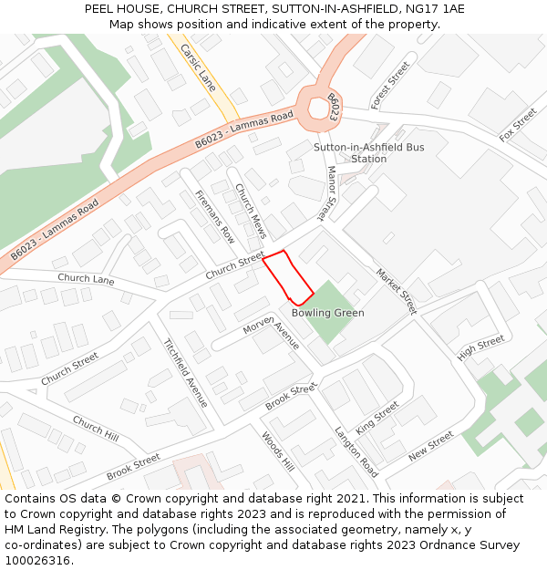 PEEL HOUSE, CHURCH STREET, SUTTON-IN-ASHFIELD, NG17 1AE: Location map and indicative extent of plot