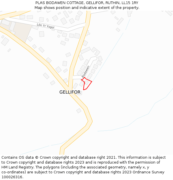 PLAS BODAWEN COTTAGE, GELLIFOR, RUTHIN, LL15 1RY: Location map and indicative extent of plot