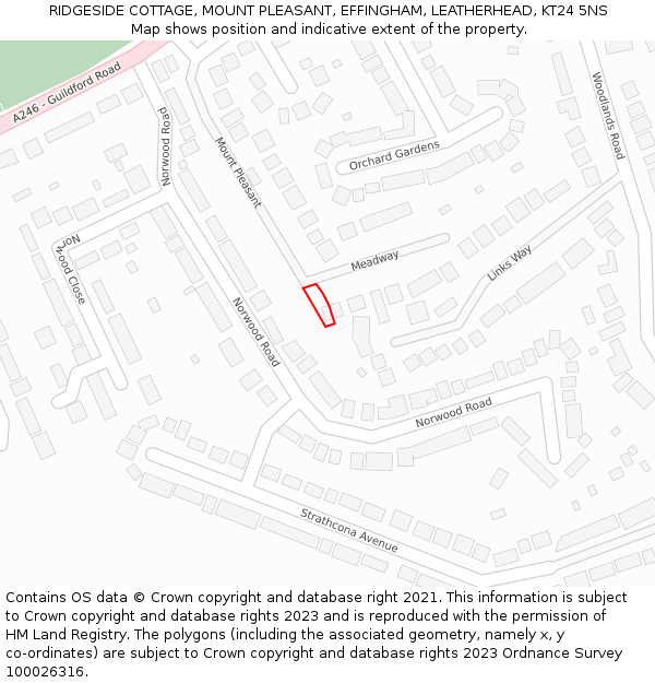 RIDGESIDE COTTAGE, MOUNT PLEASANT, EFFINGHAM, LEATHERHEAD, KT24 5NS: Location map and indicative extent of plot