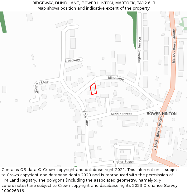 RIDGEWAY, BLIND LANE, BOWER HINTON, MARTOCK, TA12 6LR: Location map and indicative extent of plot