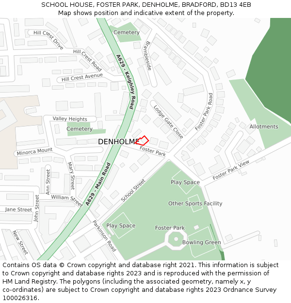 SCHOOL HOUSE, FOSTER PARK, DENHOLME, BRADFORD, BD13 4EB: Location map and indicative extent of plot