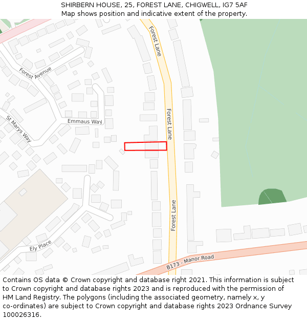 SHIRBERN HOUSE, 25, FOREST LANE, CHIGWELL, IG7 5AF: Location map and indicative extent of plot