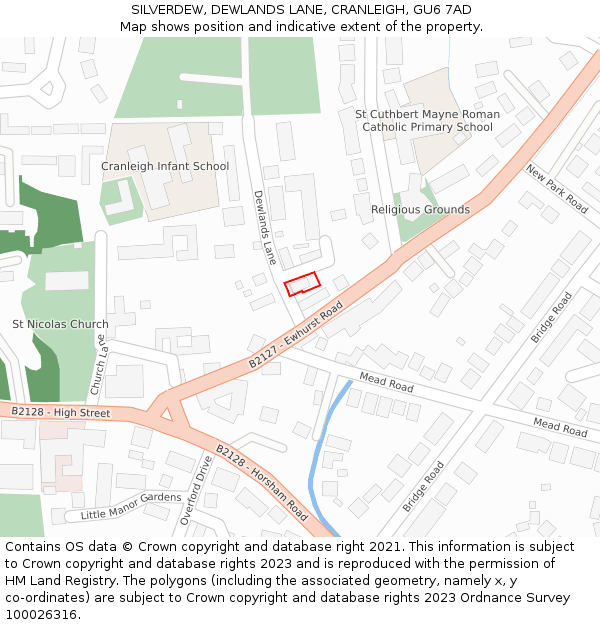 SILVERDEW, DEWLANDS LANE, CRANLEIGH, GU6 7AD: Location map and indicative extent of plot