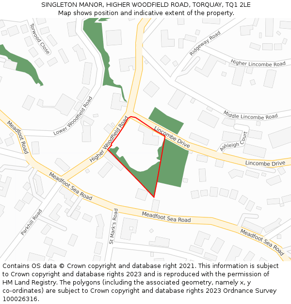 SINGLETON MANOR, HIGHER WOODFIELD ROAD, TORQUAY, TQ1 2LE: Location map and indicative extent of plot