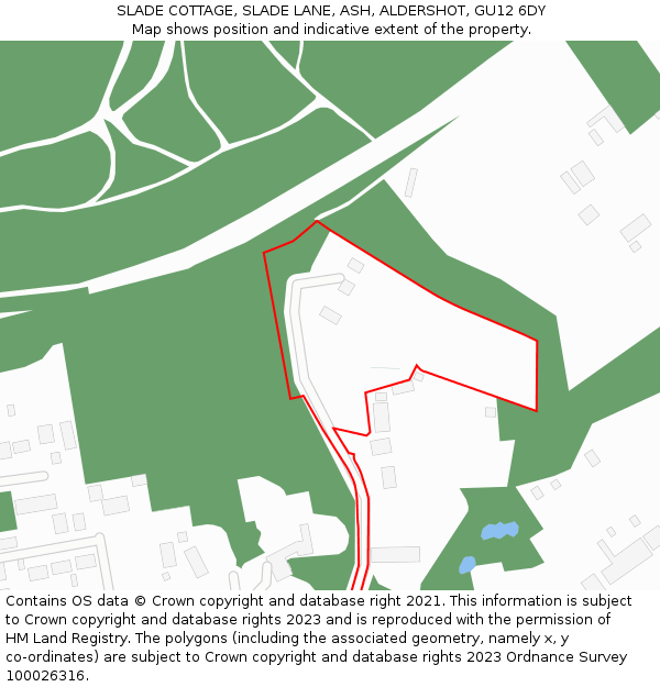 SLADE COTTAGE, SLADE LANE, ASH, ALDERSHOT, GU12 6DY: Location map and indicative extent of plot