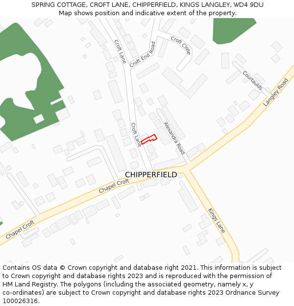 SPRING COTTAGE, CROFT LANE, CHIPPERFIELD, KINGS LANGLEY, WD4 9DU: Location map and indicative extent of plot