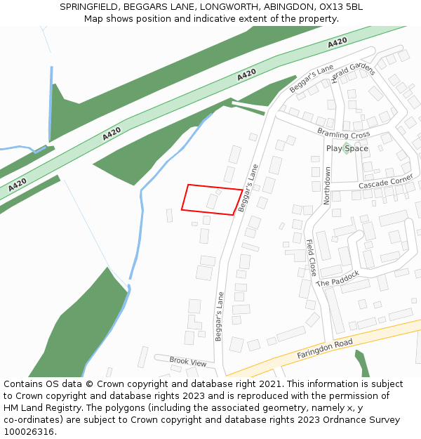 SPRINGFIELD, BEGGARS LANE, LONGWORTH, ABINGDON, OX13 5BL: Location map and indicative extent of plot