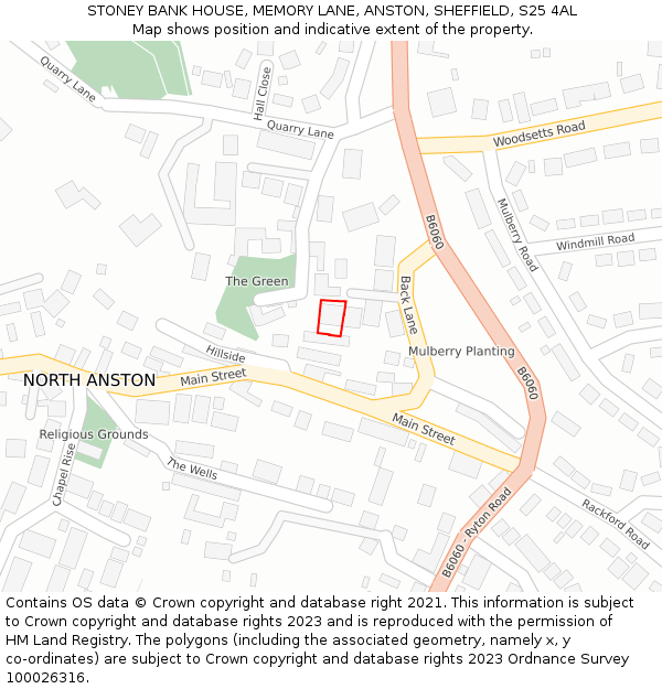 STONEY BANK HOUSE, MEMORY LANE, ANSTON, SHEFFIELD, S25 4AL: Location map and indicative extent of plot