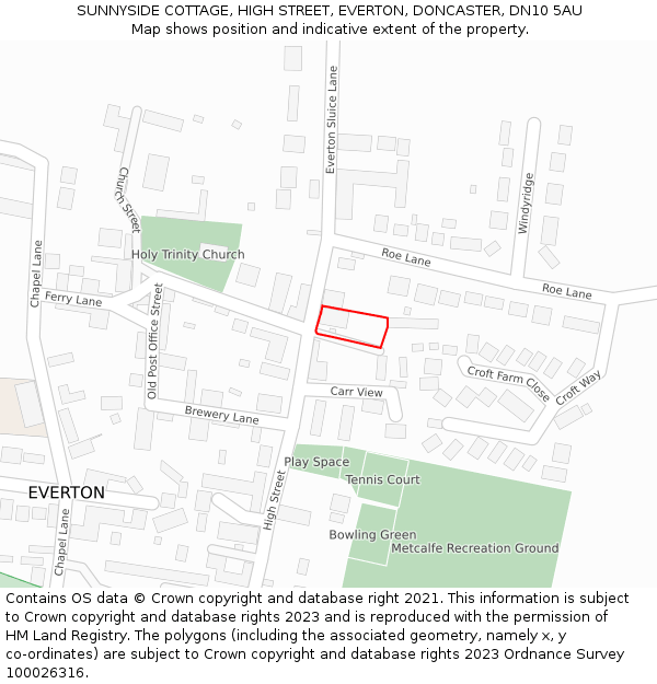 SUNNYSIDE COTTAGE, HIGH STREET, EVERTON, DONCASTER, DN10 5AU: Location map and indicative extent of plot