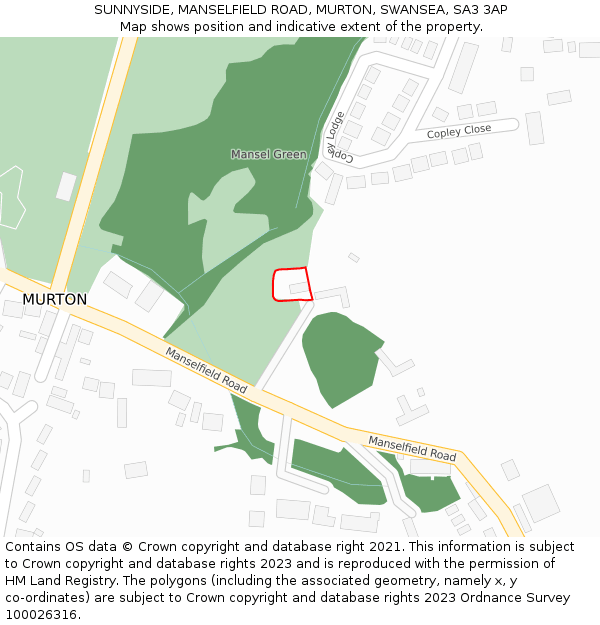 SUNNYSIDE, MANSELFIELD ROAD, MURTON, SWANSEA, SA3 3AP: Location map and indicative extent of plot