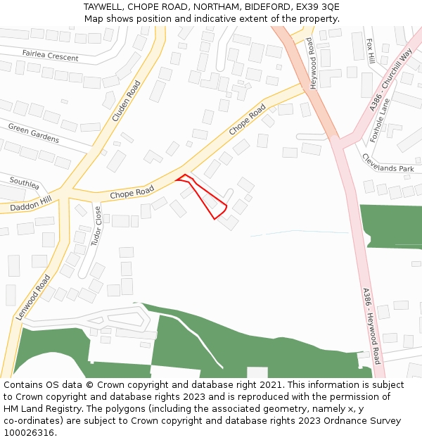 TAYWELL, CHOPE ROAD, NORTHAM, BIDEFORD, EX39 3QE: Location map and indicative extent of plot