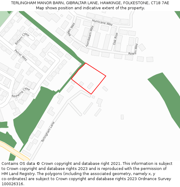 TERLINGHAM MANOR BARN, GIBRALTAR LANE, HAWKINGE, FOLKESTONE, CT18 7AE: Location map and indicative extent of plot