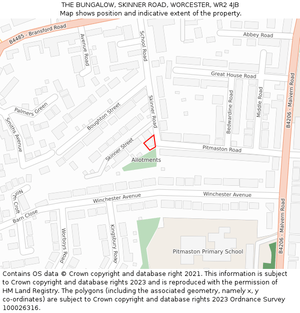 THE BUNGALOW, SKINNER ROAD, WORCESTER, WR2 4JB: Location map and indicative extent of plot