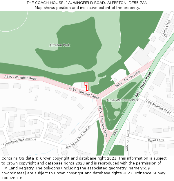 THE COACH HOUSE, 1A, WINGFIELD ROAD, ALFRETON, DE55 7AN: Location map and indicative extent of plot