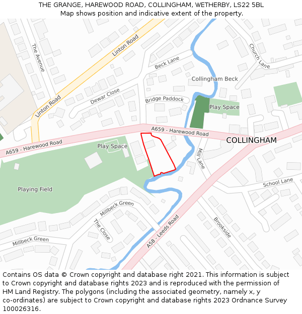 THE GRANGE, HAREWOOD ROAD, COLLINGHAM, WETHERBY, LS22 5BL: Location map and indicative extent of plot