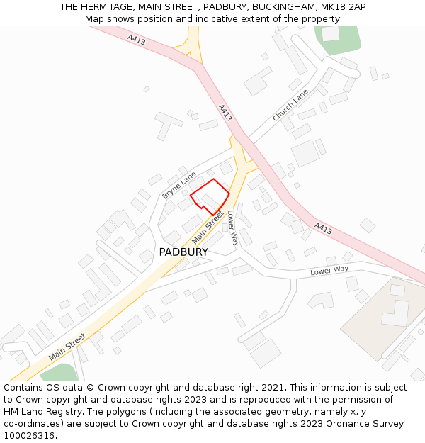 THE HERMITAGE, MAIN STREET, PADBURY, BUCKINGHAM, MK18 2AP: Location map and indicative extent of plot