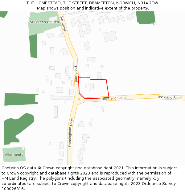 THE HOMESTEAD, THE STREET, BRAMERTON, NORWICH, NR14 7DW: Location map and indicative extent of plot