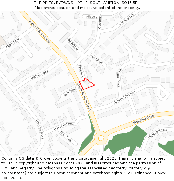 THE PINES, BYEWAYS, HYTHE, SOUTHAMPTON, SO45 5BL: Location map and indicative extent of plot