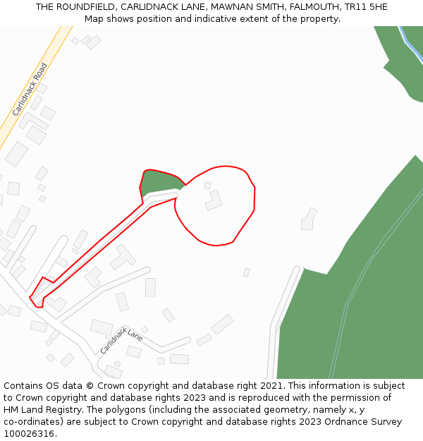 THE ROUNDFIELD, CARLIDNACK LANE, MAWNAN SMITH, FALMOUTH, TR11 5HE: Location map and indicative extent of plot