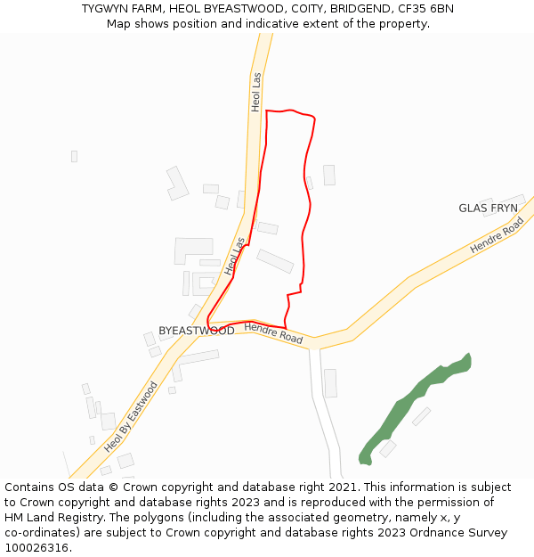 TYGWYN FARM, HEOL BYEASTWOOD, COITY, BRIDGEND, CF35 6BN: Location map and indicative extent of plot