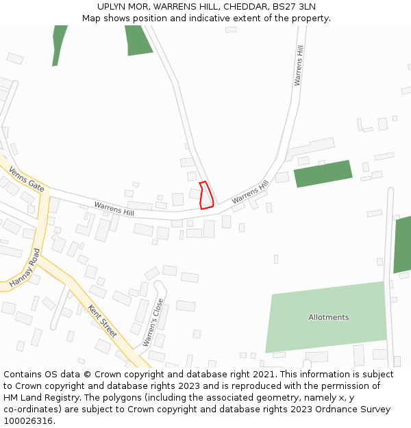 UPLYN MOR, WARRENS HILL, CHEDDAR, BS27 3LN: Location map and indicative extent of plot