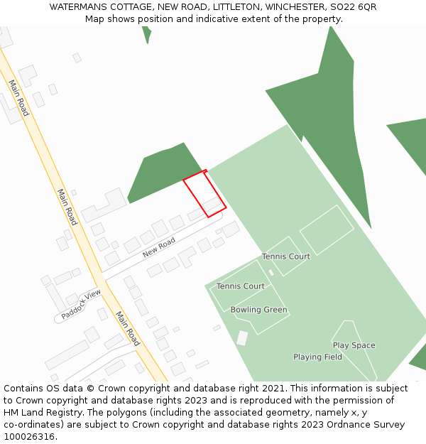 WATERMANS COTTAGE, NEW ROAD, LITTLETON, WINCHESTER, SO22 6QR: Location map and indicative extent of plot