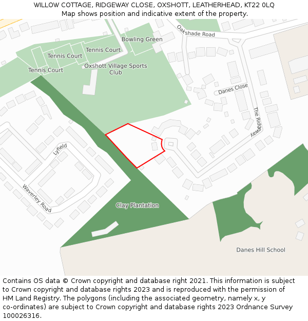 WILLOW COTTAGE, RIDGEWAY CLOSE, OXSHOTT, LEATHERHEAD, KT22 0LQ: Location map and indicative extent of plot