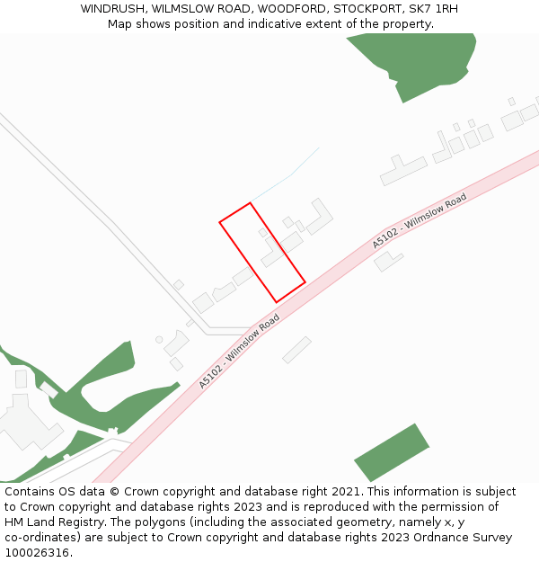 WINDRUSH, WILMSLOW ROAD, WOODFORD, STOCKPORT, SK7 1RH: Location map and indicative extent of plot