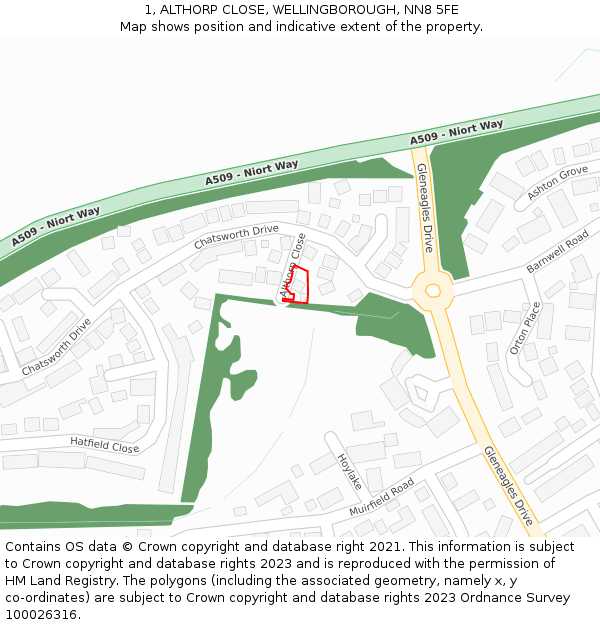 1, ALTHORP CLOSE, WELLINGBOROUGH, NN8 5FE: Location map and indicative extent of plot