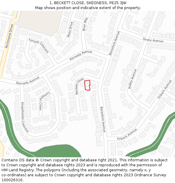 1, BECKETT CLOSE, SKEGNESS, PE25 3JW: Location map and indicative extent of plot