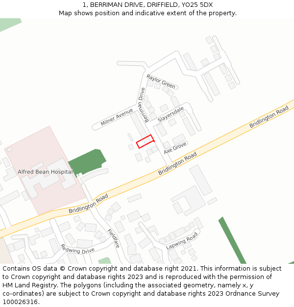 1, BERRIMAN DRIVE, DRIFFIELD, YO25 5DX: Location map and indicative extent of plot