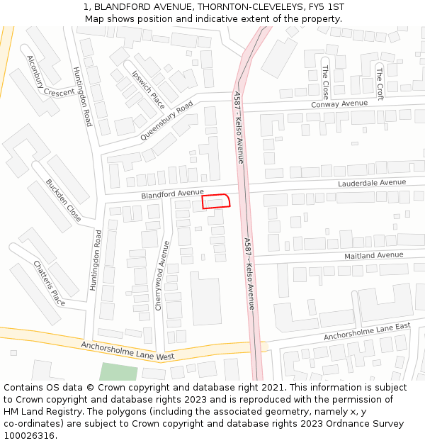 1, BLANDFORD AVENUE, THORNTON-CLEVELEYS, FY5 1ST: Location map and indicative extent of plot