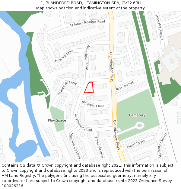 1, BLANDFORD ROAD, LEAMINGTON SPA, CV32 6BH: Location map and indicative extent of plot