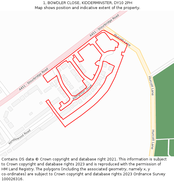 1, BOWDLER CLOSE, KIDDERMINSTER, DY10 2PH: Location map and indicative extent of plot