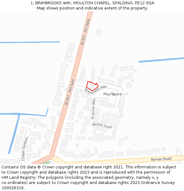 1, BRAYBROOKS WAY, MOULTON CHAPEL, SPALDING, PE12 0QA: Location map and indicative extent of plot