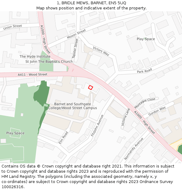 1, BRIDLE MEWS, BARNET, EN5 5UQ: Location map and indicative extent of plot