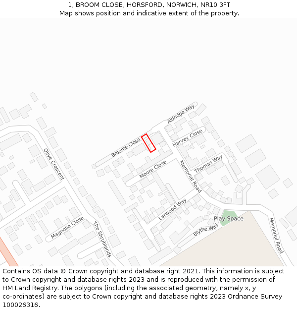 1, BROOM CLOSE, HORSFORD, NORWICH, NR10 3FT: Location map and indicative extent of plot