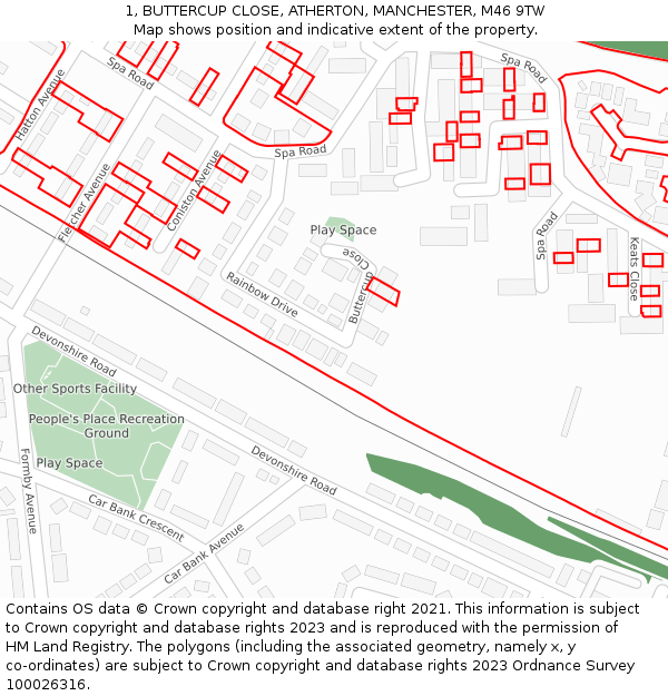 1, BUTTERCUP CLOSE, ATHERTON, MANCHESTER, M46 9TW: Location map and indicative extent of plot