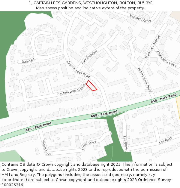 1, CAPTAIN LEES GARDENS, WESTHOUGHTON, BOLTON, BL5 3YF: Location map and indicative extent of plot