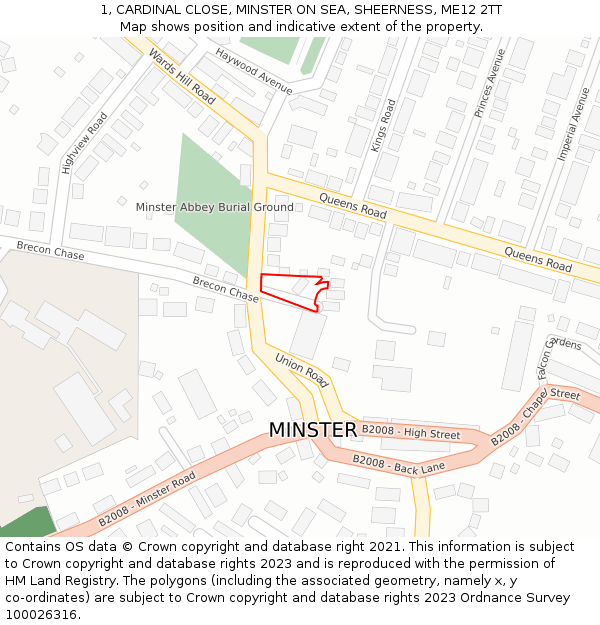 1, CARDINAL CLOSE, MINSTER ON SEA, SHEERNESS, ME12 2TT: Location map and indicative extent of plot