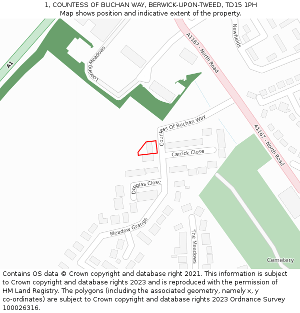 1, COUNTESS OF BUCHAN WAY, BERWICK-UPON-TWEED, TD15 1PH: Location map and indicative extent of plot