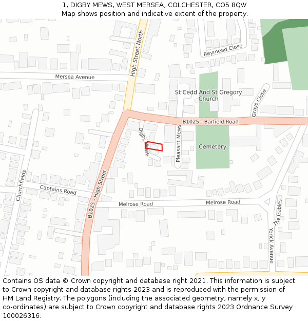 1, DIGBY MEWS, WEST MERSEA, COLCHESTER, CO5 8QW: Location map and indicative extent of plot