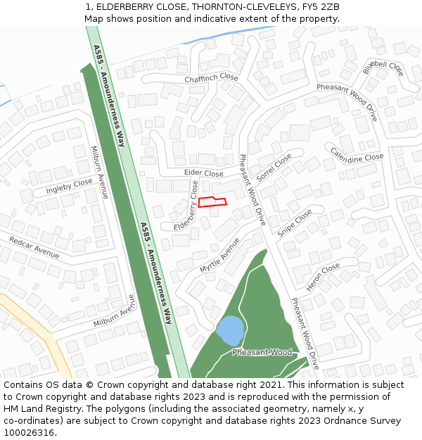 1, ELDERBERRY CLOSE, THORNTON-CLEVELEYS, FY5 2ZB: Location map and indicative extent of plot